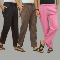 Combo of 3 Black Wood Brown and Pink Cotton Men Pants-45709