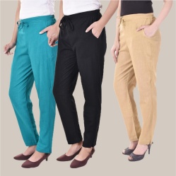 Combo of 3 Cotton Slub Solid Women Regular Fit Trousers Beige Black and Royal Blue-41323