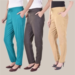 Combo of 3 Cotton Slub Solid Women Regular Fit Trousers Beige Cyan and Cyan-41321
