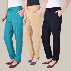 Combo of 3 Cotton Slub Solid Women Regular Fit Trousers Beige Cyan and Navy Blue-41316