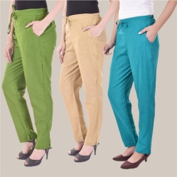 Combo of 3 Cotton Slub Solid Women Regular Fit Trousers Beige Cyan and Olive Green-41307