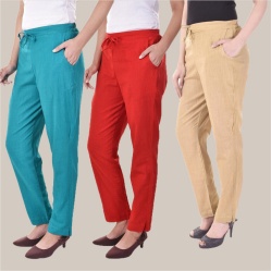 Combo of 3 Cotton Slub Solid Women Regular Fit Trousers Beige Cyan and Red-41293