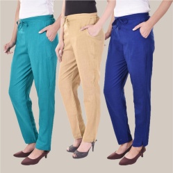 Combo of 3 Cotton Slub Solid Women Regular Fit Trousers Beige Cyan and Royal Blue-41324