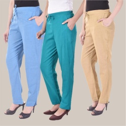 Combo of 3 Cotton Slub Solid Women Regular Fit Trousers Beige Cyan and Sky Blue-41273