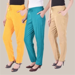 Combo of 3 Cotton Slub Solid Women Regular Fit Trousers Beige Cyan and Yellow-41167