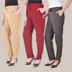 Combo of 3 Cotton Slub Solid Women Regular Fit Trousers Beige Gray and Maroon-41208