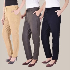 Combo of 3 Cotton Slub Solid Women Regular Fit Trousers Beige Gray and Navy Blue-41313