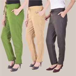 Combo of 3 Cotton Slub Solid Women Regular Fit Trousers Beige Gray and Olive Green-41304