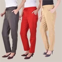 Combo of 3 Cotton Slub Solid Women Regular Fit Trousers Beige Gray and Red-41290