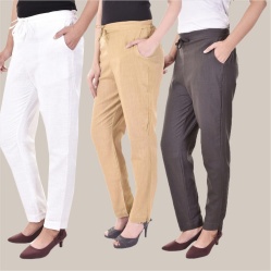 Combo of 3 Cotton Slub Solid Women Regular Fit Trousers Beige Gray and White-41243