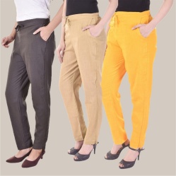 Combo of 3 Cotton Slub Solid Women Regular Fit Trousers Beige Gray and Yellow-41164