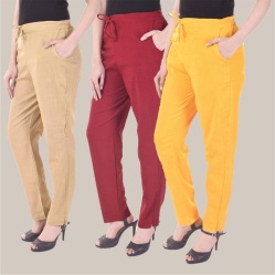 Combo of 3 Cotton Slub Solid Women Regular Fit Trousers Beige Maroon and Yellow-41133