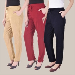Combo of 3 Cotton Slub Solid Women Regular Fit Trousers Beige Navy Blue and Maroon-41204