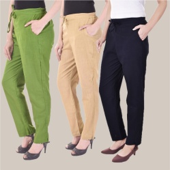 Combo of 3 Cotton Slub Solid Women Regular Fit Trousers Beige Navy Blue and Olive Green-41300