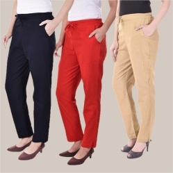 Combo of 3 Cotton Slub Solid Women Regular Fit Trousers Beige Navy Blue and Red-41286