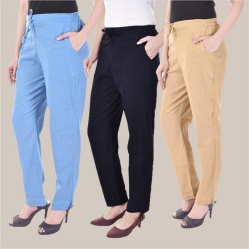 Combo of 3 Cotton Slub Solid Women Regular Fit Trousers Beige Navy Blue and Sky Blue-41266
