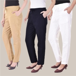 Combo of 3 Cotton Slub Solid Women Regular Fit Trousers Beige Navy Blue and White-41239