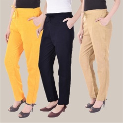 Combo of 3 Cotton Slub Solid Women Regular Fit Trousers Beige Navy Blue and Yellow-41160