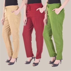 Combo of 3 Cotton Slub Solid Women Regular Fit Trousers Beige Olive Green and Maroon-41199