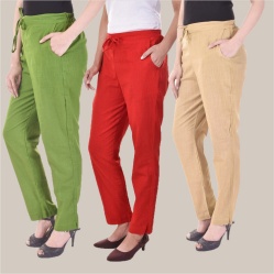 Combo of 3 Cotton Slub Solid Women Regular Fit Trousers Beige Olive Green and Red-41281