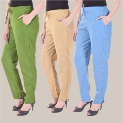 Combo of 3 Cotton Slub Solid Women Regular Fit Trousers Beige Olive Green and Sky Blue-41261