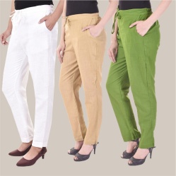Combo of 3 Cotton Slub Solid Women Regular Fit Trousers Beige Olive Green and White-41234