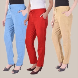 Combo of 3 Cotton Slub Solid Women Regular Fit Trousers Beige Red and Sky Blue-41255
