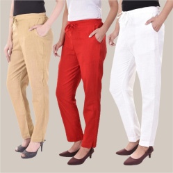 Combo of 3 Cotton Slub Solid Women Regular Fit Trousers Beige Red and White-41228