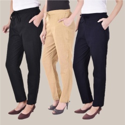 Combo of 3 Cotton Slub Solid Women Regular Fit Trousers Beige Royal Blue and Gray-41318