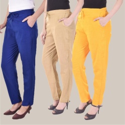 Combo of 3 Cotton Slub Solid Women Regular Fit Trousers Beige Royal Blue and Maroon-41169