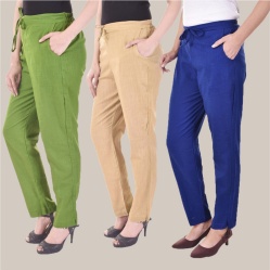 Combo of 3 Cotton Slub Solid Women Regular Fit Trousers Beige Royal Blue and Navy Blue-41309