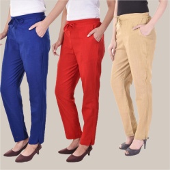 Combo of 3 Cotton Slub Solid Women Regular Fit Trousers Beige Royal Blue and Olive Green-41295