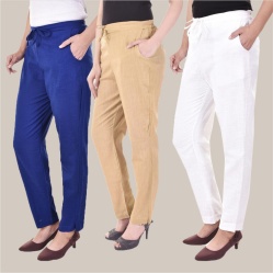 Combo of 3 Cotton Slub Solid Women Regular Fit Trousers Beige Royal Blue and Sky Blue-41248
