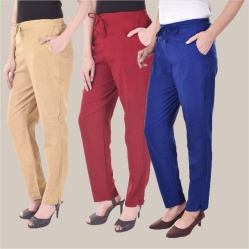 Combo of 3 Cotton Slub Solid Women Regular Fit Trousers Beige Royal Blue and White-41213