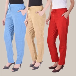 Combo of 3 Cotton Slub Solid Women Regular Fit Trousers Beige Sky Blue and Maroon-41193
