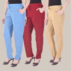 Combo of 3 Cotton Slub Solid Women Regular Fit Trousers Beige Sky Blue and Red-41186