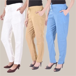 Combo of 3 Cotton Slub Solid Women Regular Fit Trousers Beige Sky Blue and White-41221