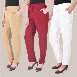 Combo of 3 Cotton Slub Solid Women Regular Fit Trousers Beige White and Maroon-41178