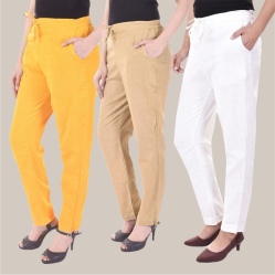 Combo of 3 Cotton Slub Solid Women Regular Fit Trousers Beige White and Yellow-41142