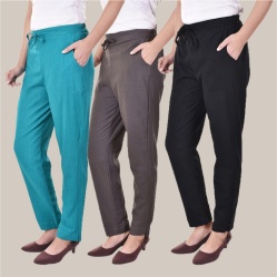 Combo of 3 Cotton Slub Solid Women Regular Fit Trousers Black Cyan and Gray-41320