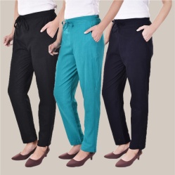 Combo of 3 Cotton Slub Solid Women Regular Fit Trousers Black Cyan and Navy Blue-41315