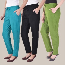 Combo of 3 Cotton Slub Solid Women Regular Fit Trousers Black Cyan and Olive Green-41306