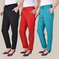 Combo of 3 Cotton Slub Solid Women Regular Fit Trousers Black Cyan and Red-41292