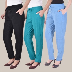 Combo of 3 Cotton Slub Solid Women Regular Fit Trousers Black Cyan and Sky Blue-41272