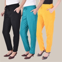 Combo of 3 Cotton Slub Solid Women Regular Fit Trousers Black Cyan and Yellow-41166
