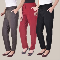 Combo of 3 Cotton Slub Solid Women Regular Fit Trousers Black Gray and Maroon-41207