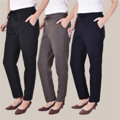 Combo of 3 Cotton Slub Solid Women Regular Fit Trousers Black Gray and Navy Blue-41312