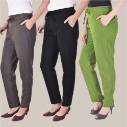 Combo of 3 Cotton Slub Solid Women Regular Fit Trousers Black Gray and Olive Green-41303