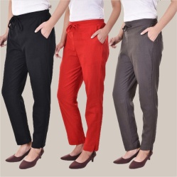 Combo of 3 Cotton Slub Solid Women Regular Fit Trousers Black Gray and Red-41289