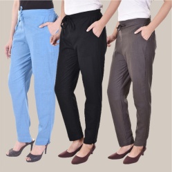 Combo of 3 Cotton Slub Solid Women Regular Fit Trousers Black Gray and Sky Blue-41269